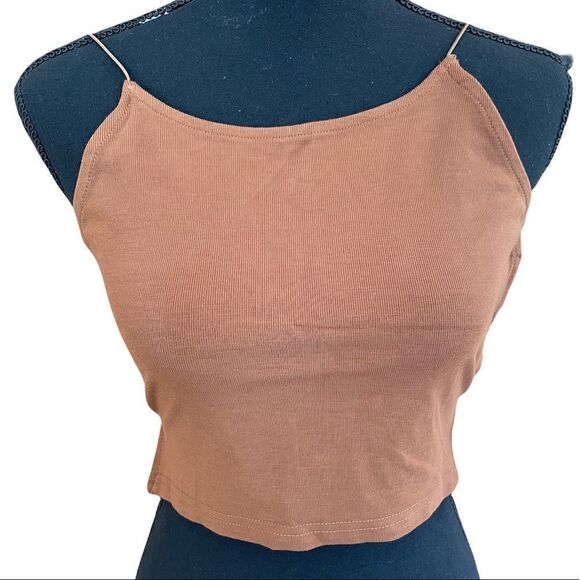 New with tags Adika crop top with open back and bungee straps, brown, size S. - Picture 1 of 4